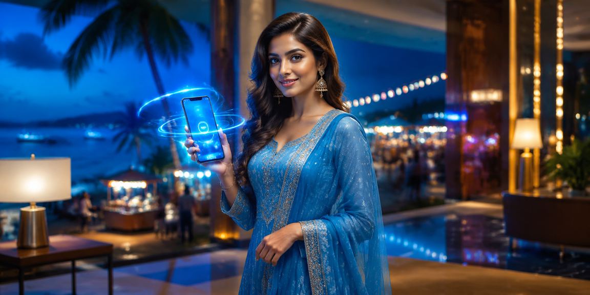 সেন্ট মার্টিনে সালোয়ার কামিজ পরা নারী মোবাইলে ক্যাসিনো ব্যবহার করছেন